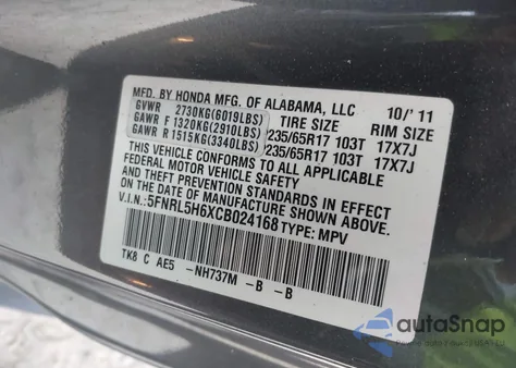 2012 Honda Odyssey Ex-L from USA, damaged, VIN 5FNRL5H6XCB024168